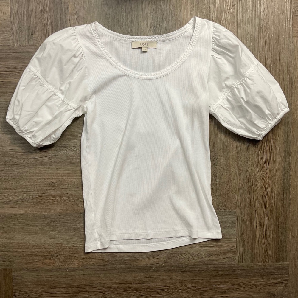 LOFT Ribbed Puff Sleeve Scoop Neck Top Womens Small S White Boho Classic Cottage